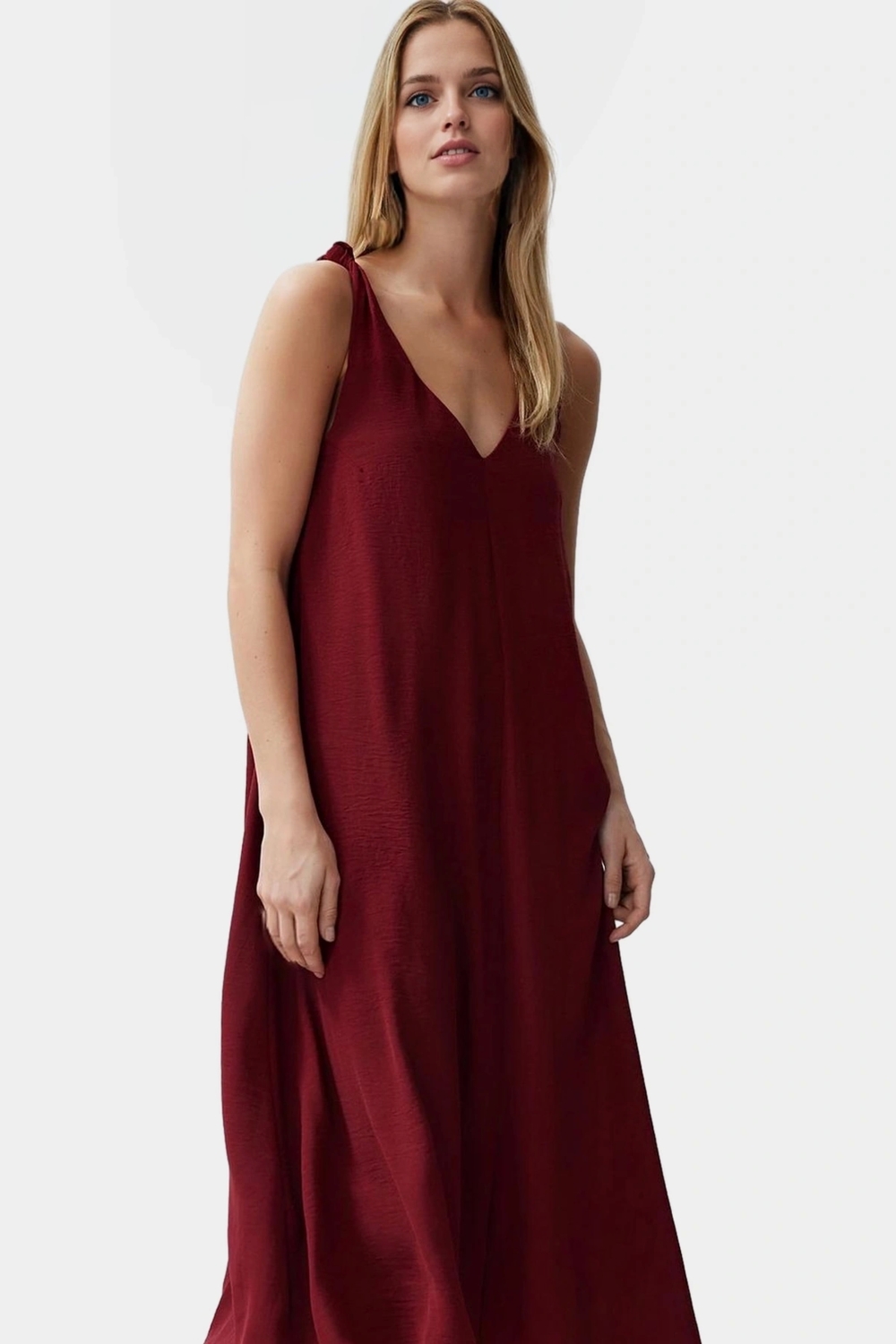 Rahat Kesim Kolsuz V Yaka Midi Elbise Polyester Dokuma Kumaş Premium Kalite