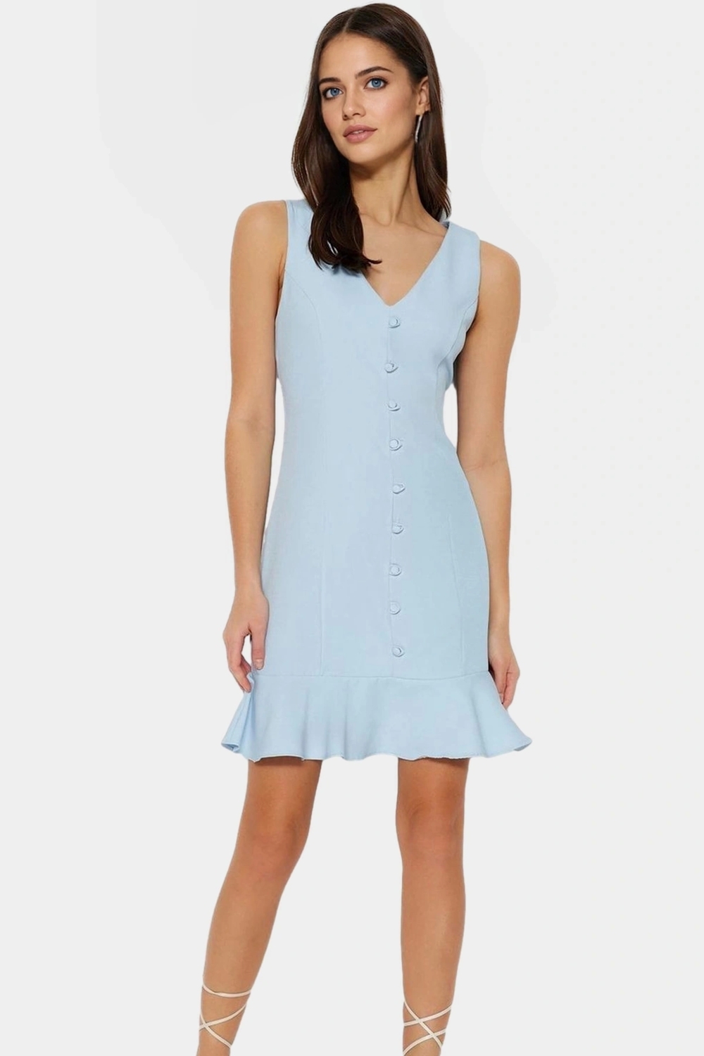 Finike Dokuma Mini Elbise A Line Kesim V Yaka Düğmeli Polyester Karışımlı Modern Stil
