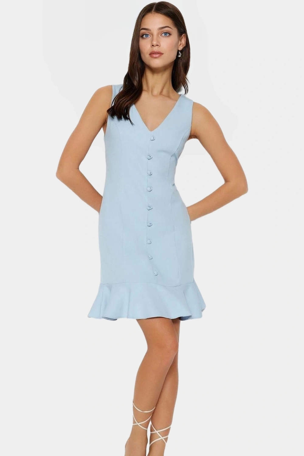 Finike Dokuma Mini Elbise A Line Kesim V Yaka Düğmeli Polyester Karışımlı Modern Stil