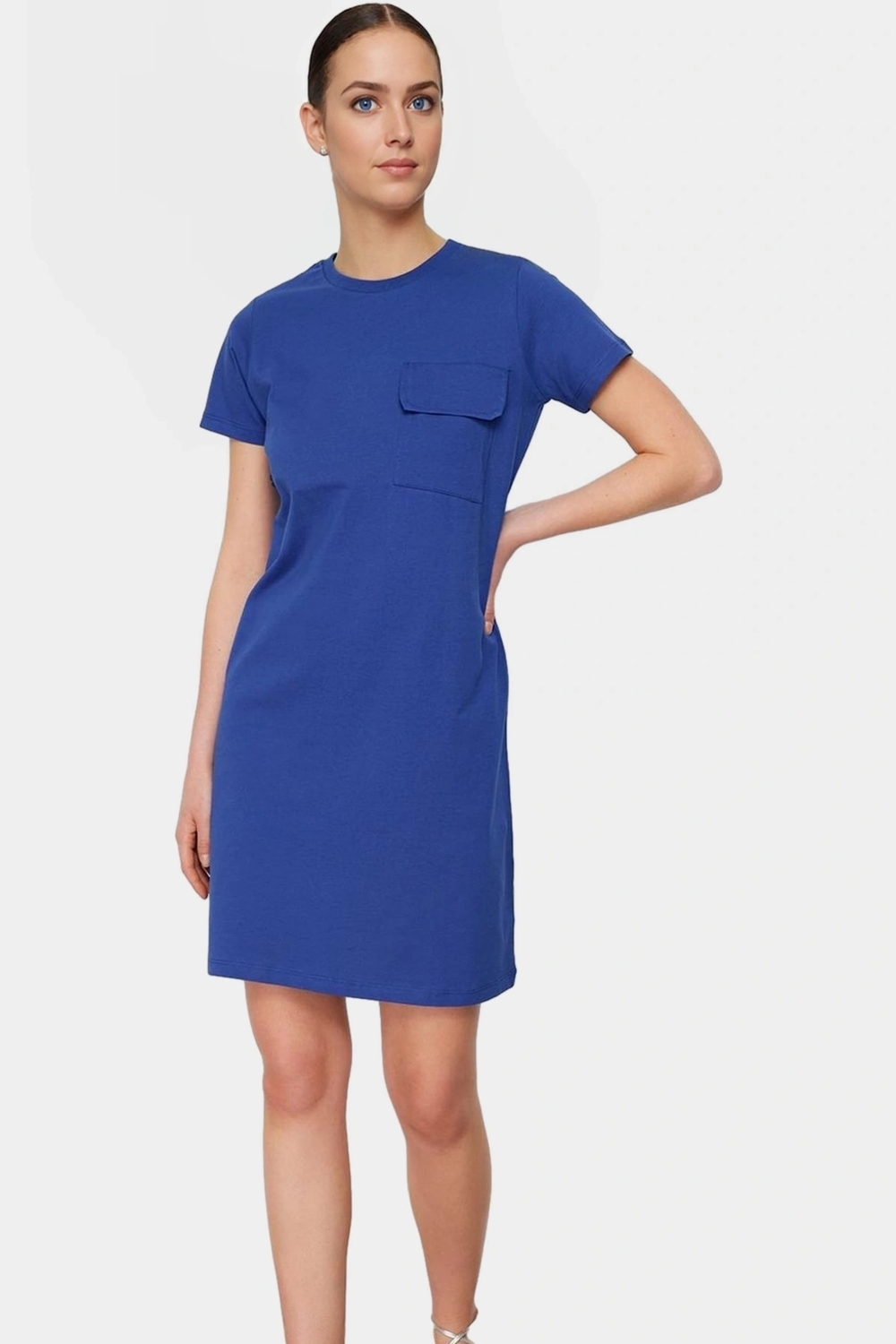 Pamuklu T shirt Elbise A line Cep Detaylı Kısa Kol Bisiklet Yaka Günlük Kullanım İçin