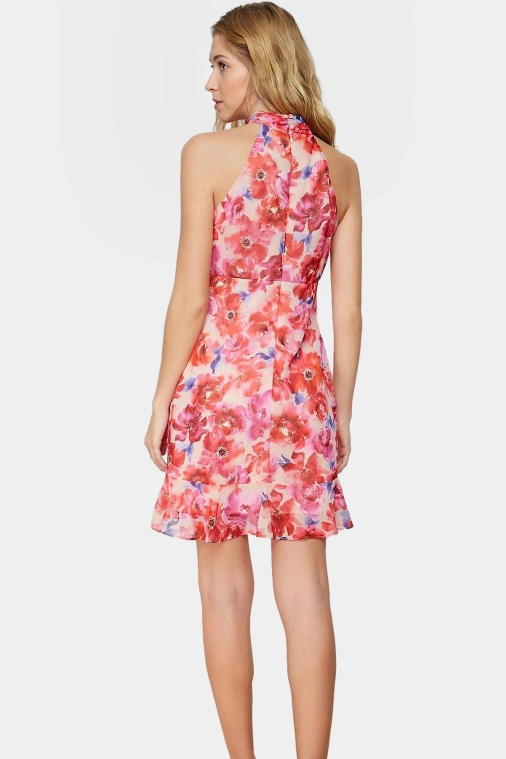 Çiçekli A line Şifon Elbise Halter Yaka Mini Boy Astarlı Konforlu Kesim Modern Stil