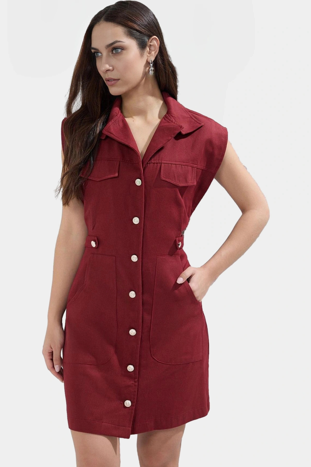 Dokuma Gabardin Mini Elbise Kisa Kol Düğmeli %Pamuk Yazlık Dayanıklı Malzeme