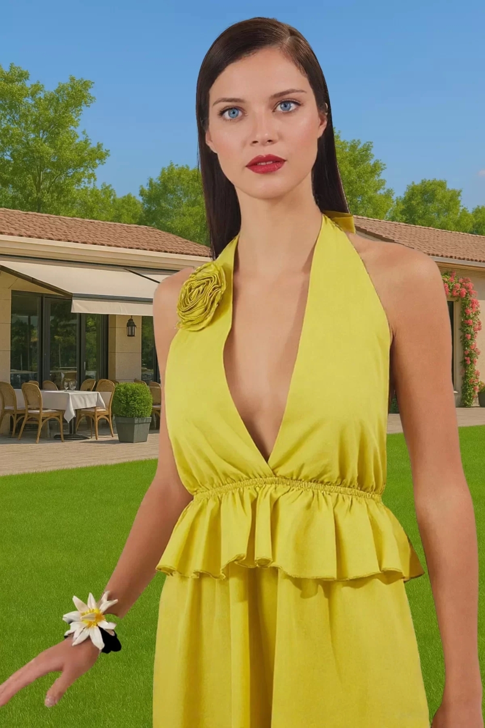 Pamuk Dokuma Mini Plaj Elbisesi V Yaka Gül Aplikeli Volan Detay Seçkin Malzeme Rahat Ve Şık