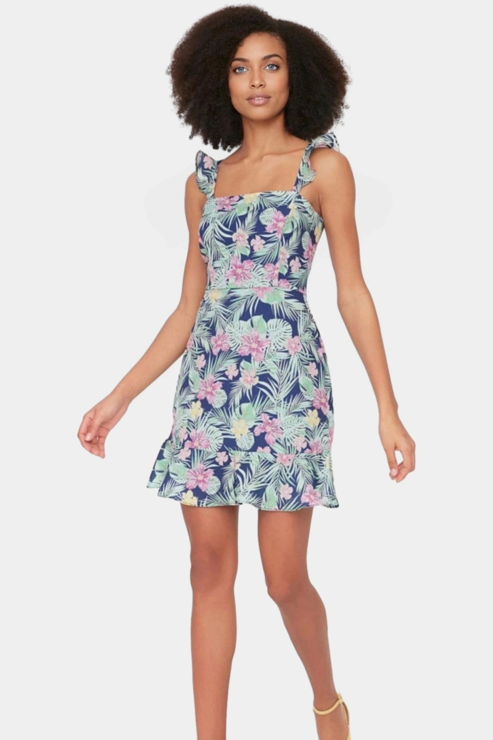 Yazlık Çiçekli Mini Elbise A Line Kare Yaka Moss Krep Polyester Rahat Ve Şık