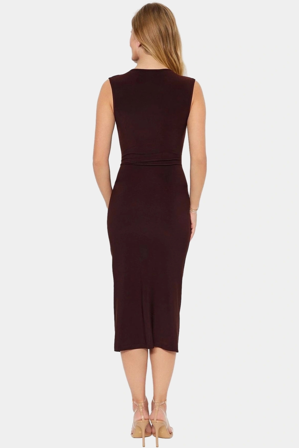 Rahat Ve Şık Bodycon Midi Elbise Örme Kumaş V Yaka Büzgü Detaylar 120 cm Boy