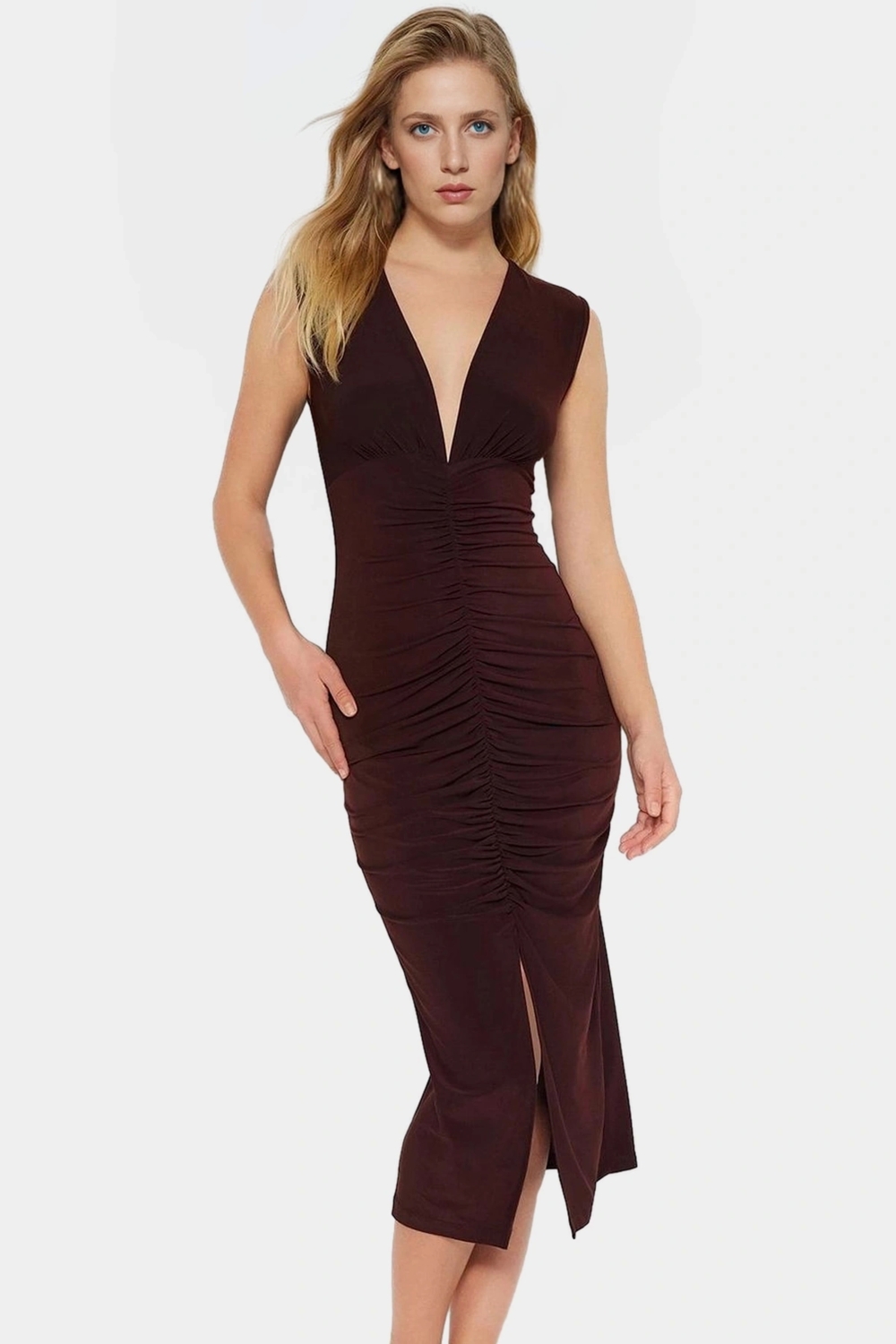Rahat Ve Şık Bodycon Midi Elbise Örme Kumaş V Yaka Büzgü Detaylar 120 cm Boy