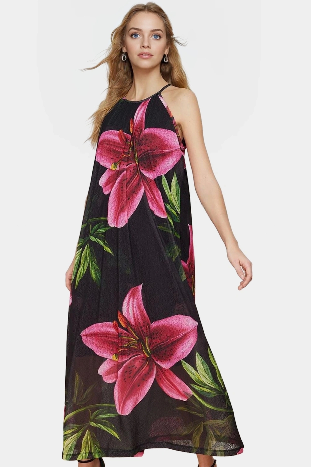 A line Halter Yaka Maxi Elbise Örme Çiçekli Polyester Yazlık Uzun Ömürlü Modern Stil