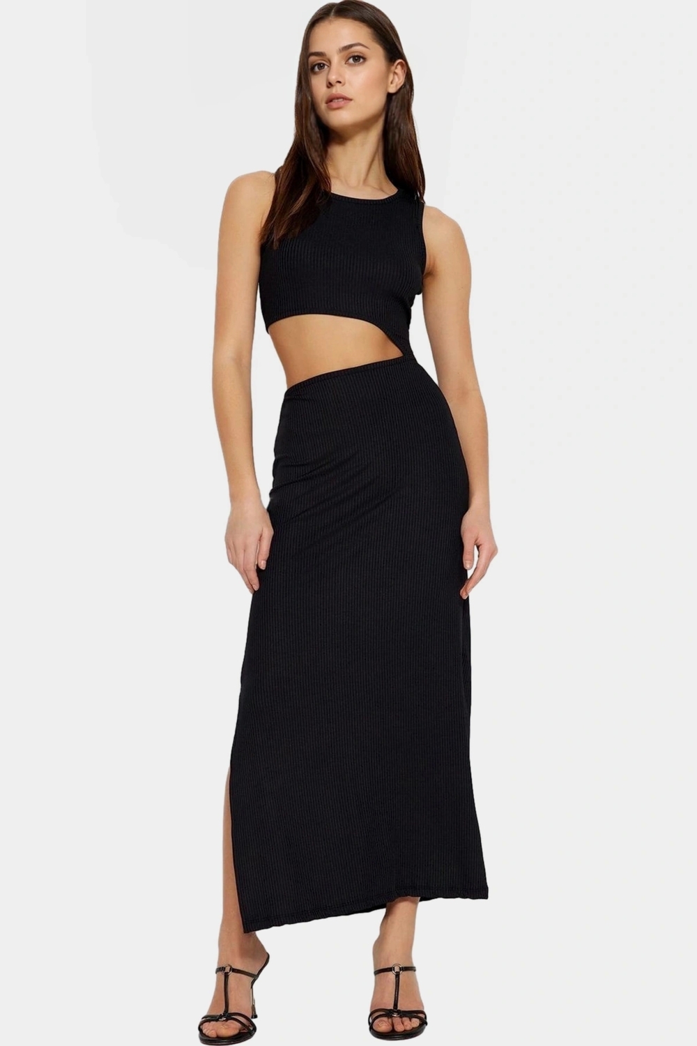 Cut Out Maxi Elbise Bodycon Kalıp Örme Kumaş Bisiklet Yaka Günlük Kullanım İçin