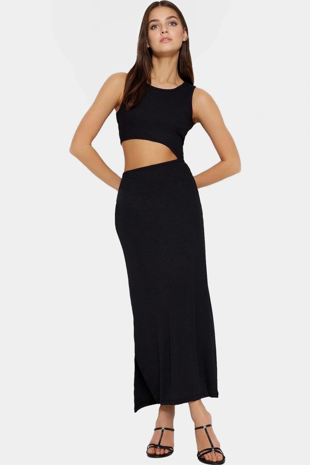 Cut Out Maxi Elbise Bodycon Kalıp Örme Kumaş Bisiklet Yaka Günlük Kullanım İçin