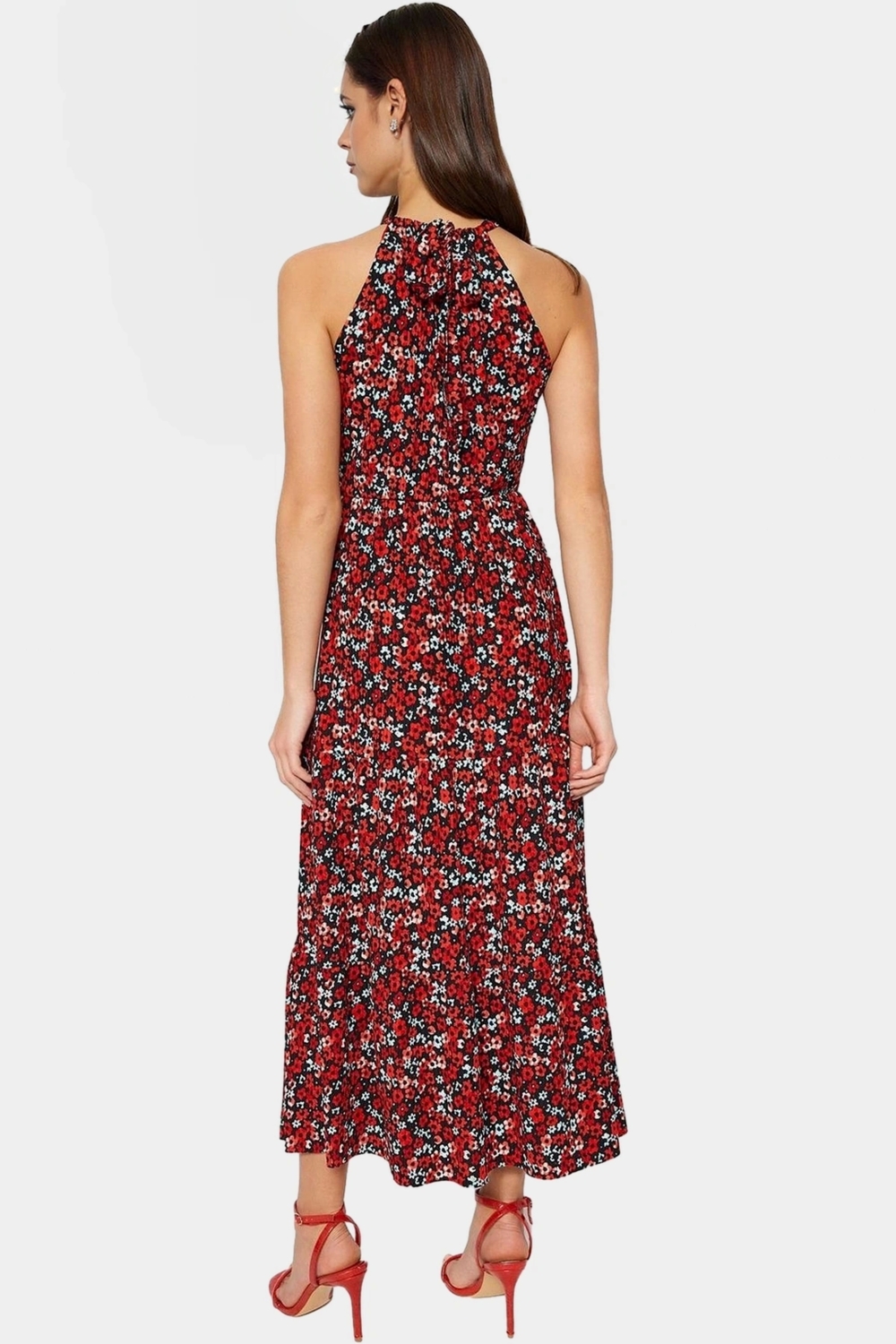 Çiçek Desenli Maxi Elbise Rahat Şık Polyester Skater Halter Yaka Özenle Seçilmiş Konforlu Kesim