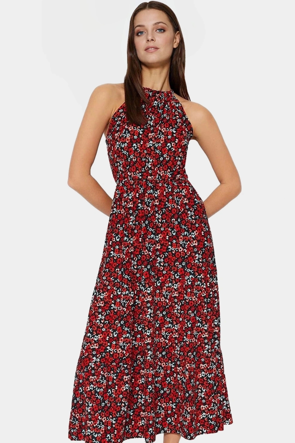 Çiçek Desenli Maxi Elbise Rahat Şık Polyester Skater Halter Yaka Özenle Seçilmiş Konforlu Kesim