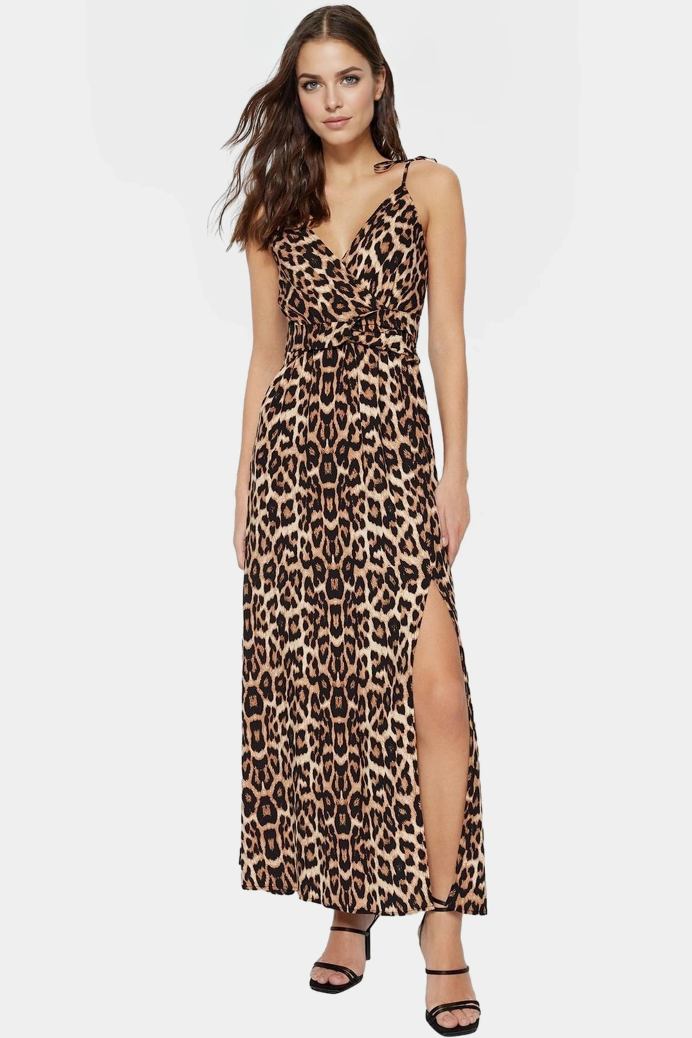 Leopar Desenli Kolsuz Viskoz Maxi Elbise A Line Kesim Yırtmaç Detay Zarifane Tasarım Modern Stil