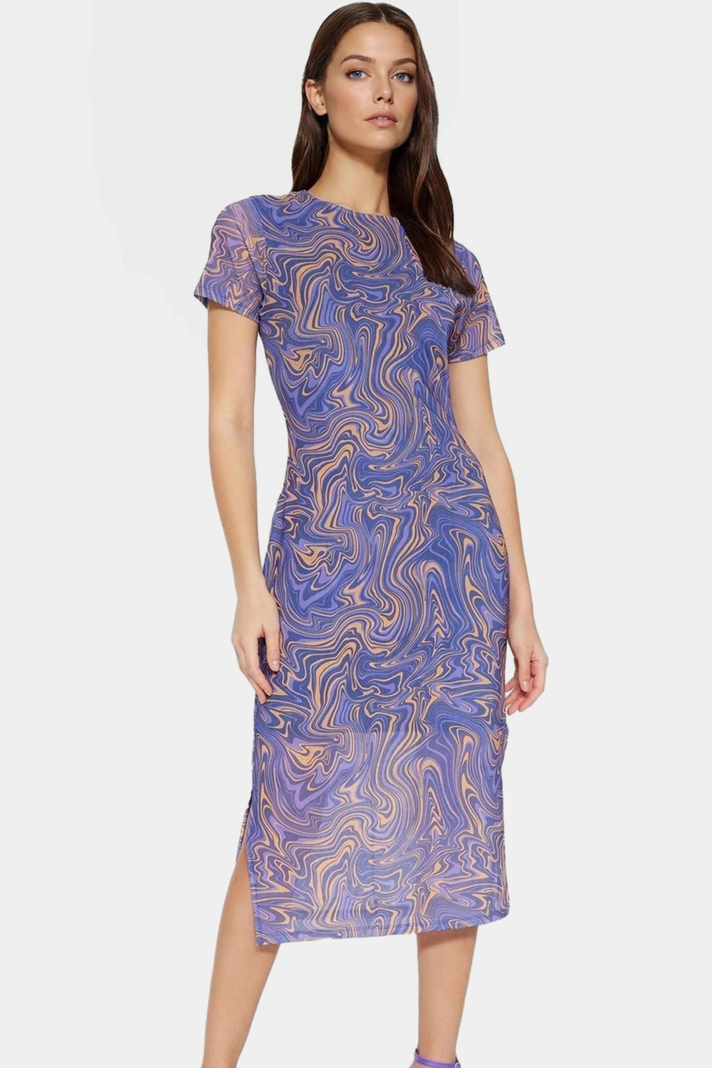 Soyut Desenli Bodycon Midi Elbise Nefes Alan Polyester Elastan Kumaş Dayanıklı Malzeme