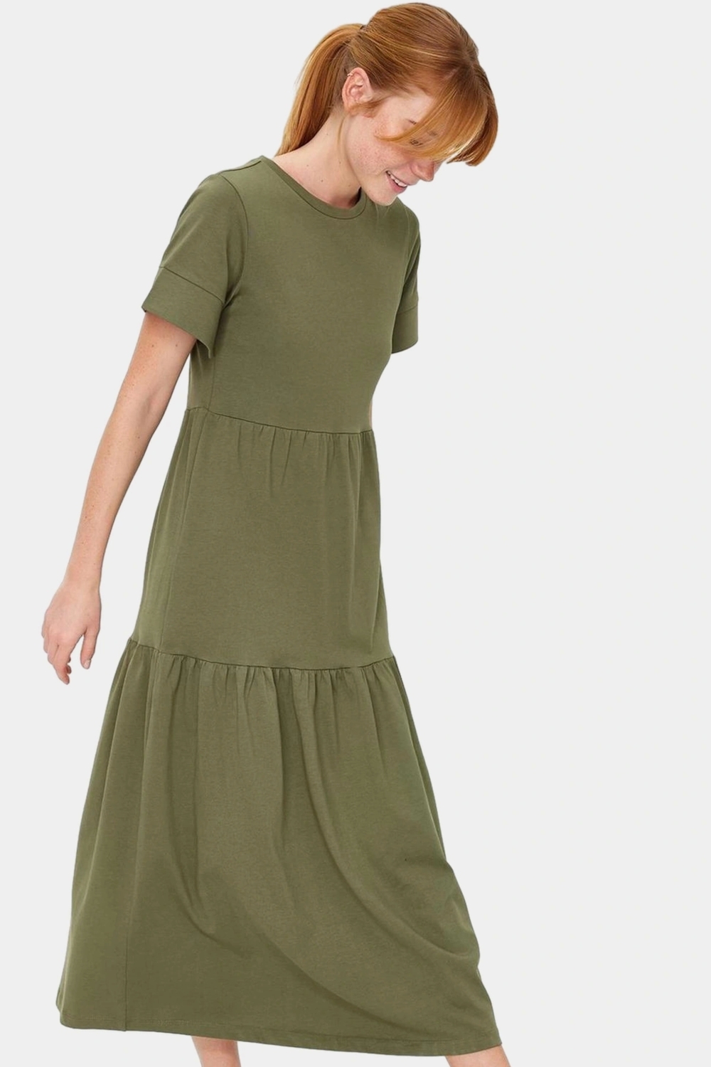 Rahat Pamuklu Maxi Elbise Yazlık A line Bisiklet Yaka Kısa Kollu Tasarım Modern Stil Uzun Ömürlü