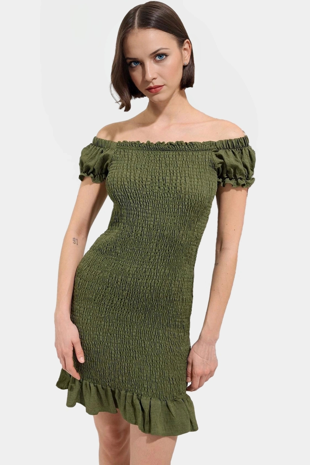 Dokuma Mini Elbise Bodycon Kalıp Balon Kollu Aerobin Vücudu Saran Rahat Ve Şık