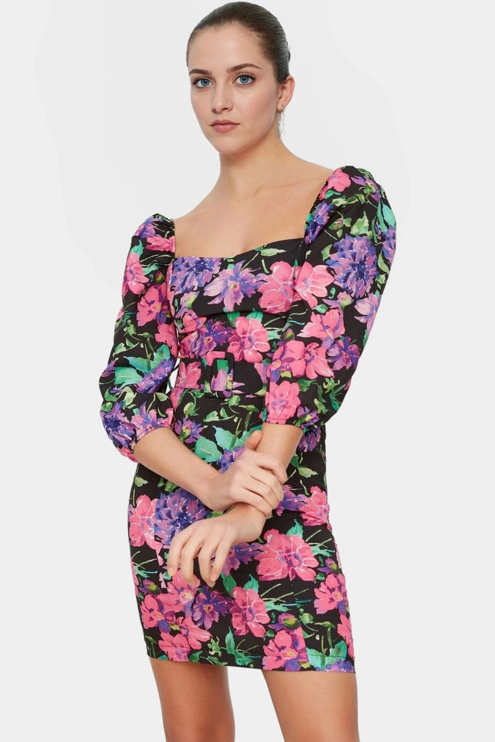 Bodycon Mini Elbise Polyester Queen Crep Dokuma Truvakar Kol Kemerli Profesyonel Görünüm