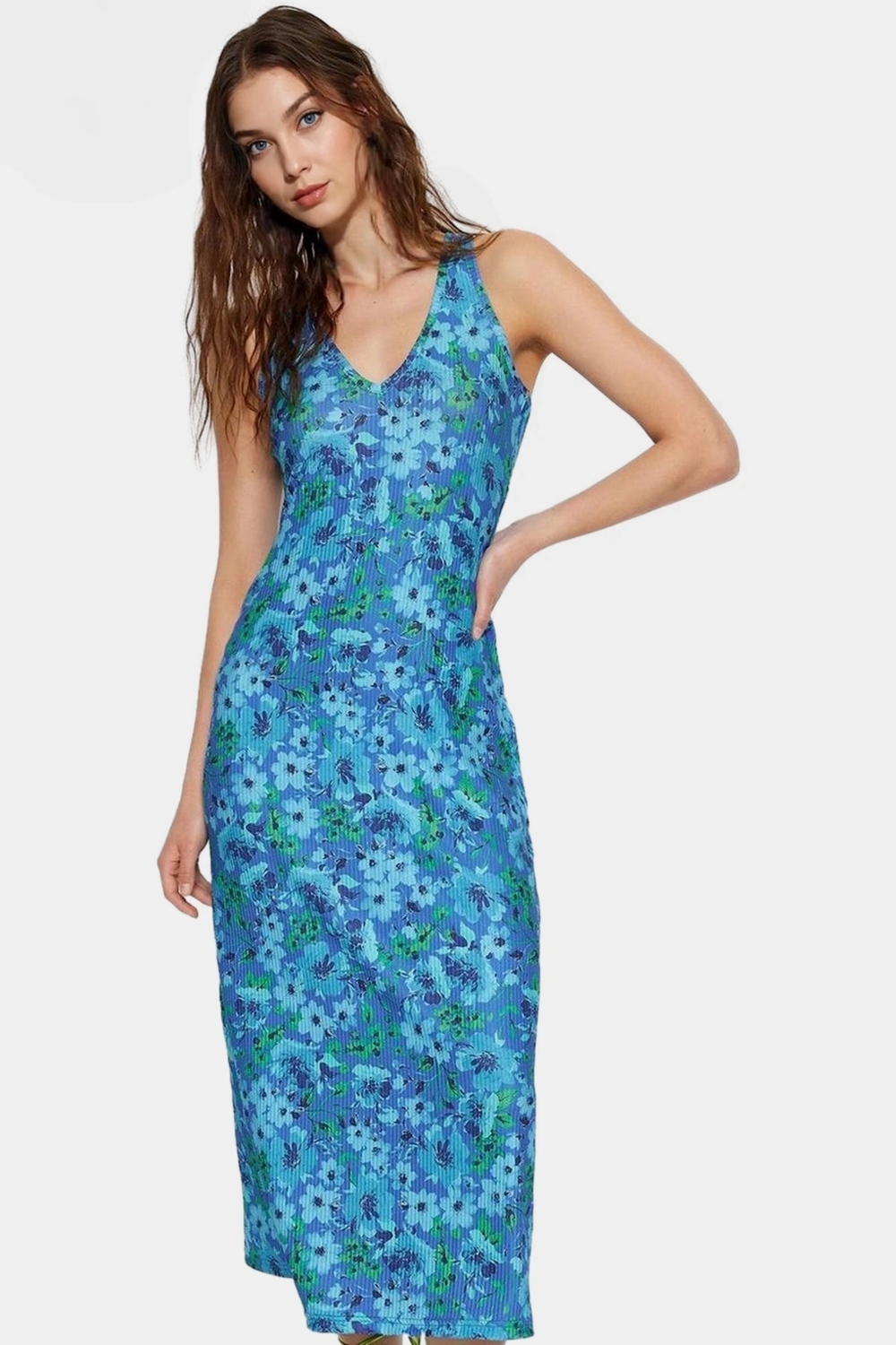 Çiçekli Bodycon Midi Elbise Rahat Nefes Alabilir Polyester Kaşkorse Kumaş Şık Görünüm