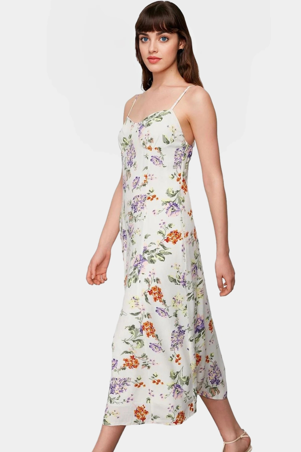 Çiçek Desenli A line Midi Elbise %Polyester Yazlık Rahat Zarifane Tasarım