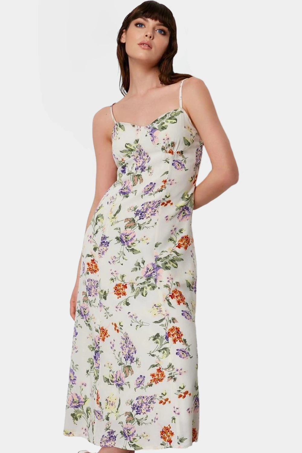 Çiçek Desenli A line Midi Elbise %Polyester Yazlık Rahat Zarifane Tasarım