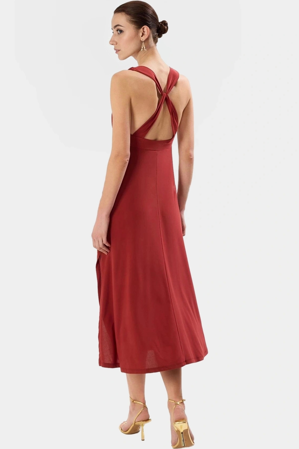 Esnek Örme Midi Elbise V Yaka Günlük Casual Aksesuar Detaylı Tasarım Modern Stil Şık Görünüm