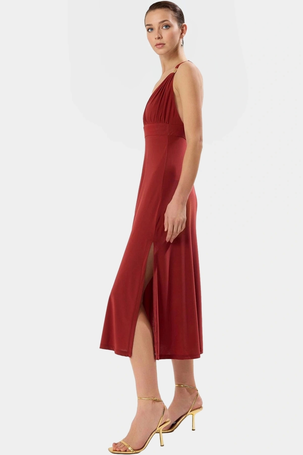 Esnek Örme Midi Elbise V Yaka Günlük Casual Aksesuar Detaylı Tasarım Modern Stil Şık Görünüm