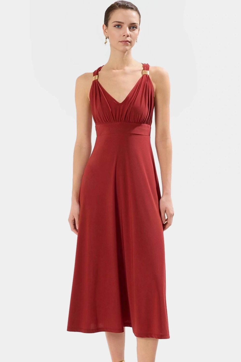 Esnek Örme Midi Elbise V Yaka Günlük Casual Aksesuar Detaylı Tasarım Modern Stil Şık Görünüm