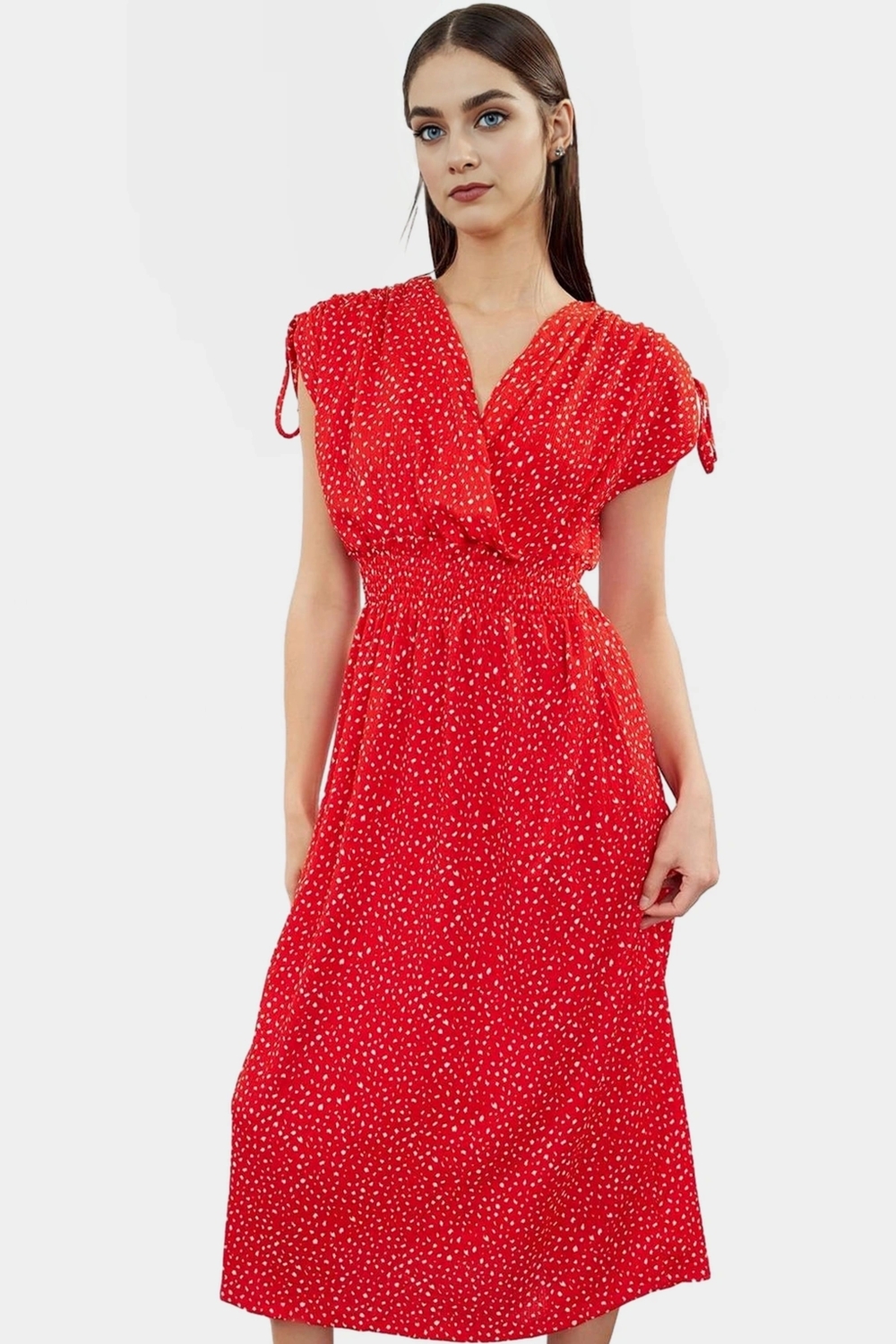 A line Midi Elbise Yazlık Örme Polyester Beli Lastikli Kruvaze Yüksek Kalite