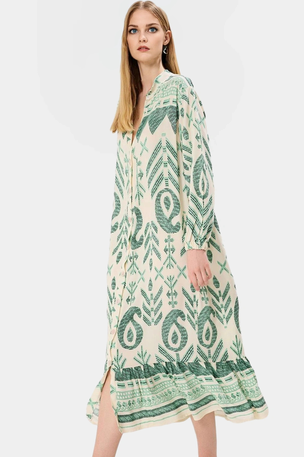 Polyester Shally Dokuma Elbise Midi Boy Truvakar Kol Geniş Kesim Modern Stil Seçkin Malzeme