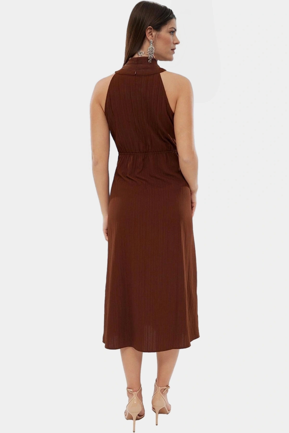 Rahat A Line Crinkle Dokuma Maxi Elbise  Polyester Halter Yaka Kaliteli İşçilik Trend Tasarım