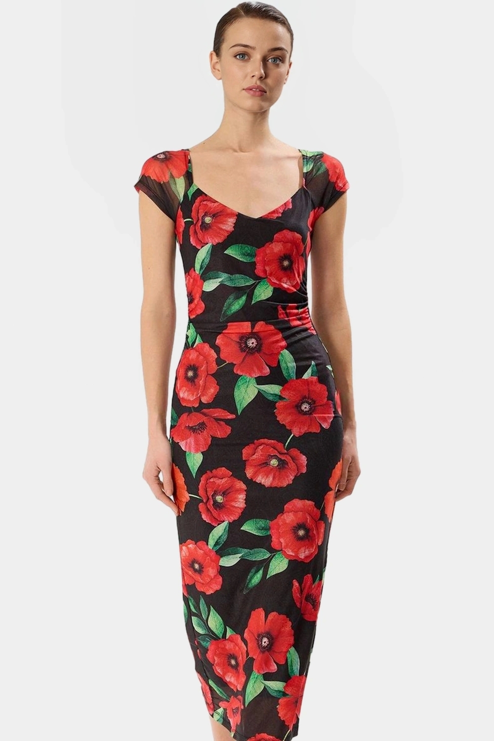 Puantiyeli Desenli Bodycon Kalıp Midi Boy Astarlı Elbise Trend Tasarım Özenle Seçilmiş