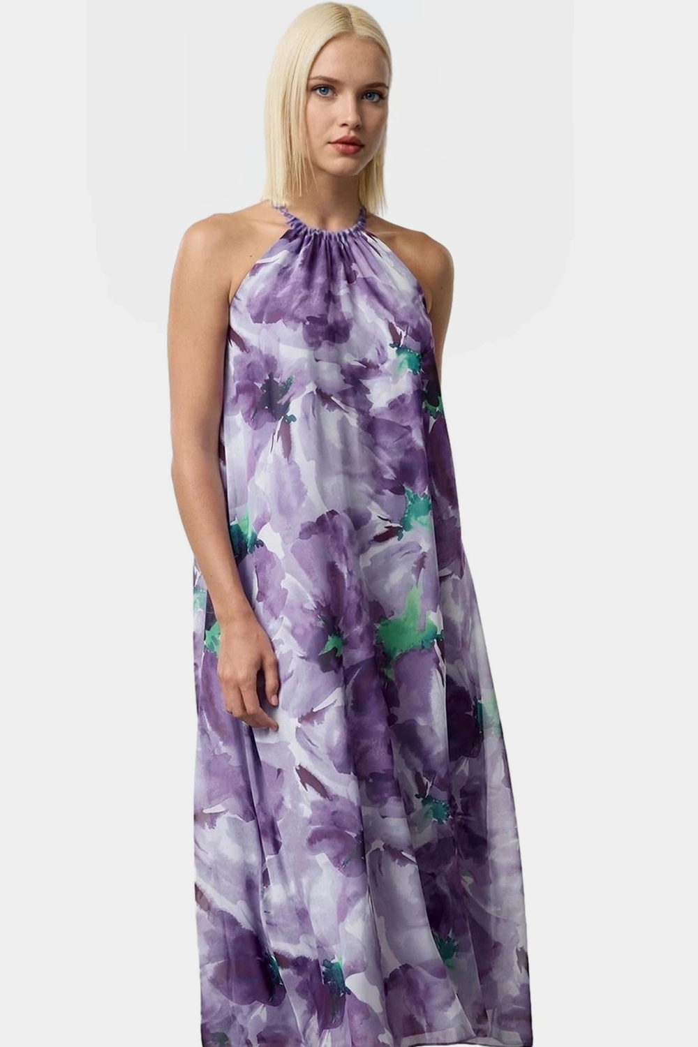 Çiçekli Shift Maxi Elbise Şifon Kumaş Halter Yaka Yazlık Kaliteli İşçilik