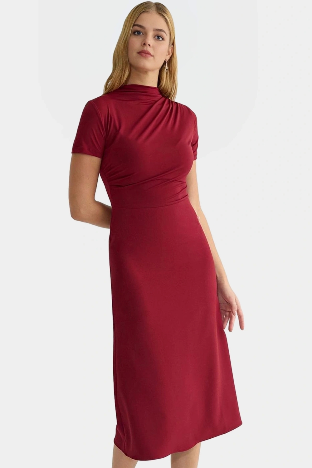 A line Midi Elbise Polyester Karışımlı Dokuma Kumaş Kemersiz Rahat Dayanıklı Malzeme