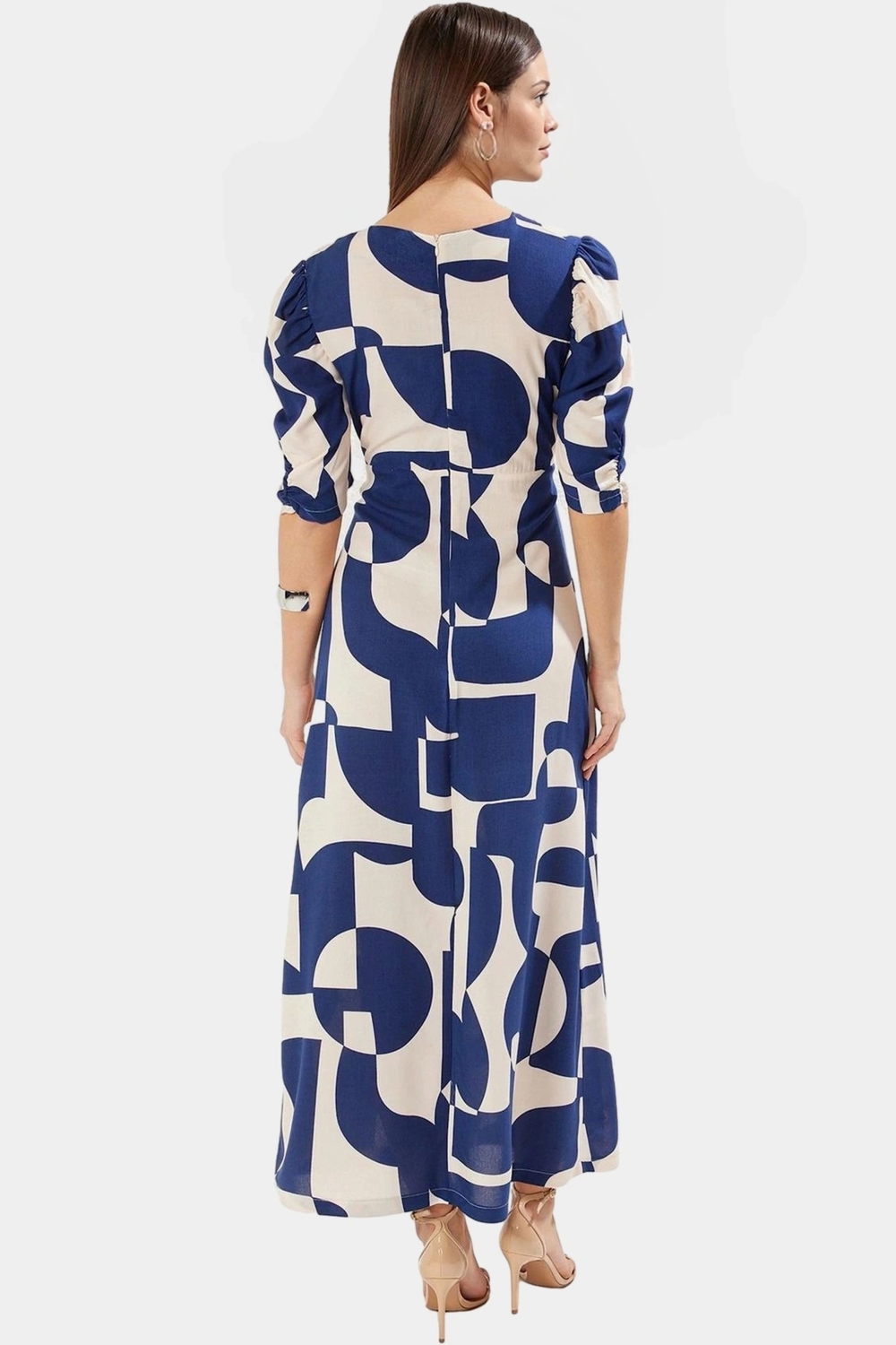 A Line Kesim Kısa Kollu Viskoz Desenli Midi Elbise Seçkin Malzeme Modern Stil