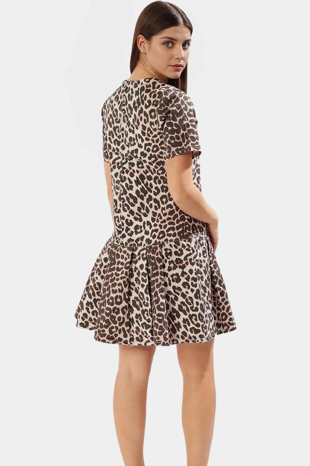 Yazlık Kısa Kollu Çok Leopar Desenli Denim Mini Elbise Fırfırlı Premium Kalite