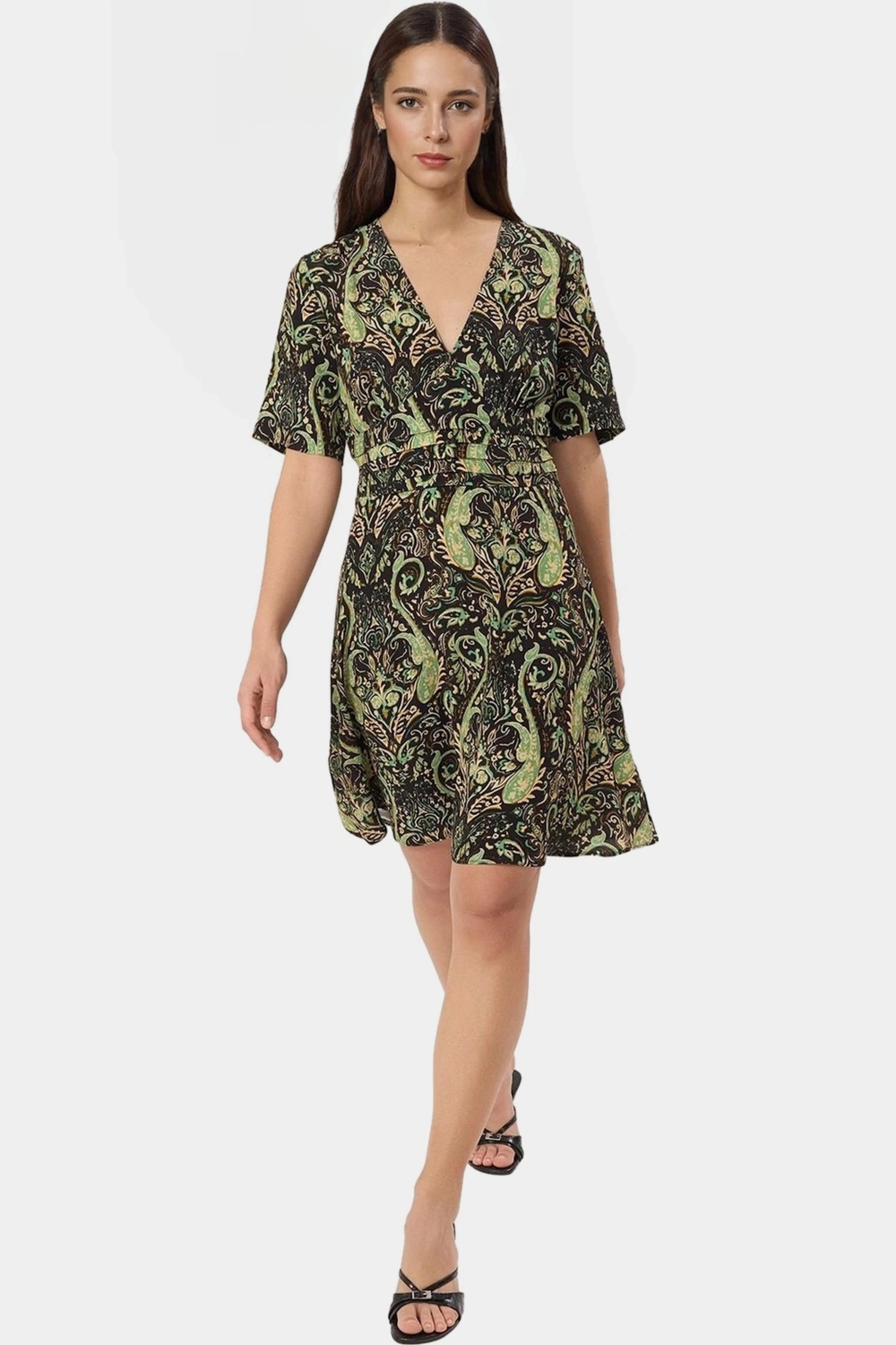 Şık Çiçekli Viskoz Mini Elbise Rahat A line Kalıp Yazlık Modern Stil Seçkin Malzeme