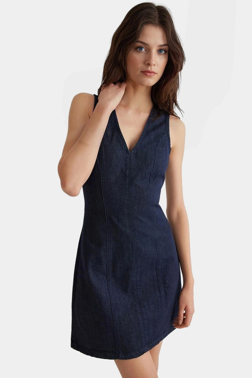 Pamuk Denim Mini Elbise V Yaka Kolsuz Yazlık Rahat Günlük Yüksek Kalite Seçkin Malzeme