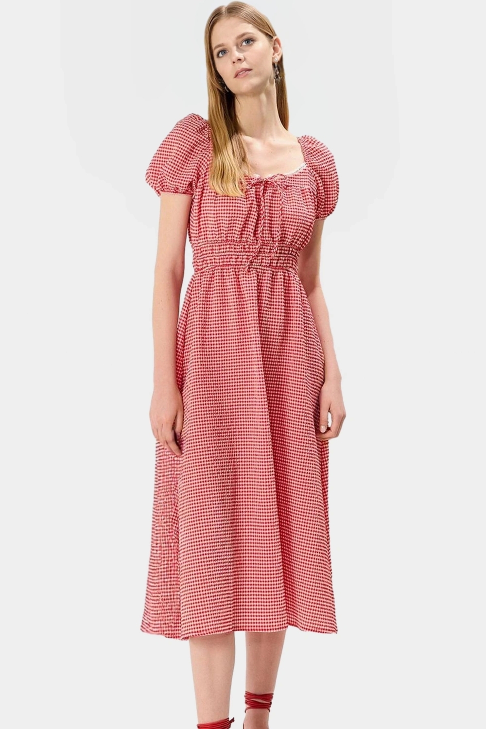 A Kesim Dantel Detaylı Kısa Kollu Dokuma Midi Elbise 95 Polyester 5 Elastan Özenle Seçilmiş