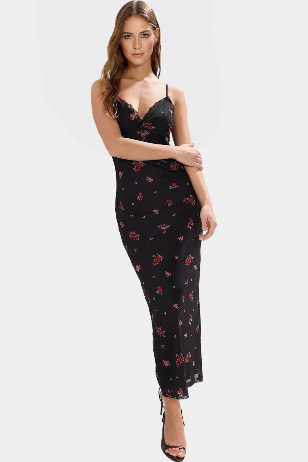 Yazlık Çiçekli Maxi Elbise V Yaka Dantel Detay Örme Kumaş Rahat Ve Şık Modern Stil