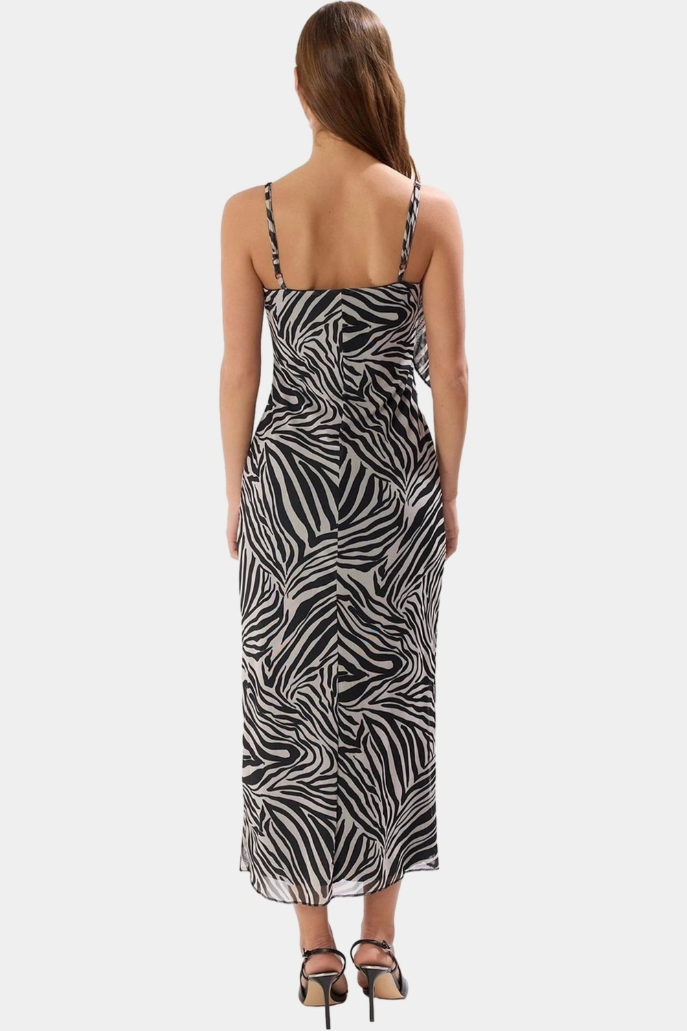 Zebra Desenli V Yaka Astarlı Maxi Elbise Bodycon Kesim Örme Tül Kumaş Trend Tasarım Rahat Kullanım