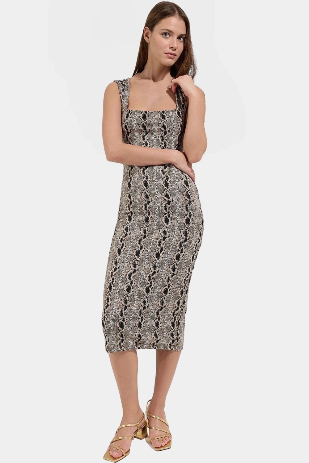 Yazlık Midi Bodycon Elbise Örme Kumaş Animal Desen Kare Yaka Trend Tasarım