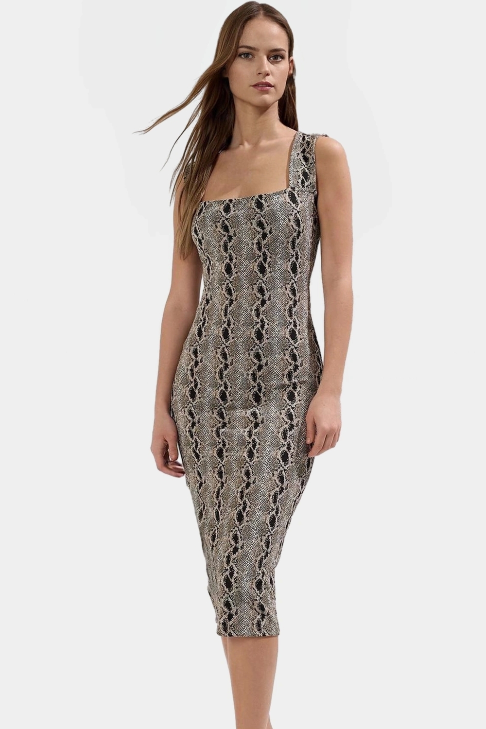Yazlık Midi Bodycon Elbise Örme Kumaş Animal Desen Kare Yaka Trend Tasarım