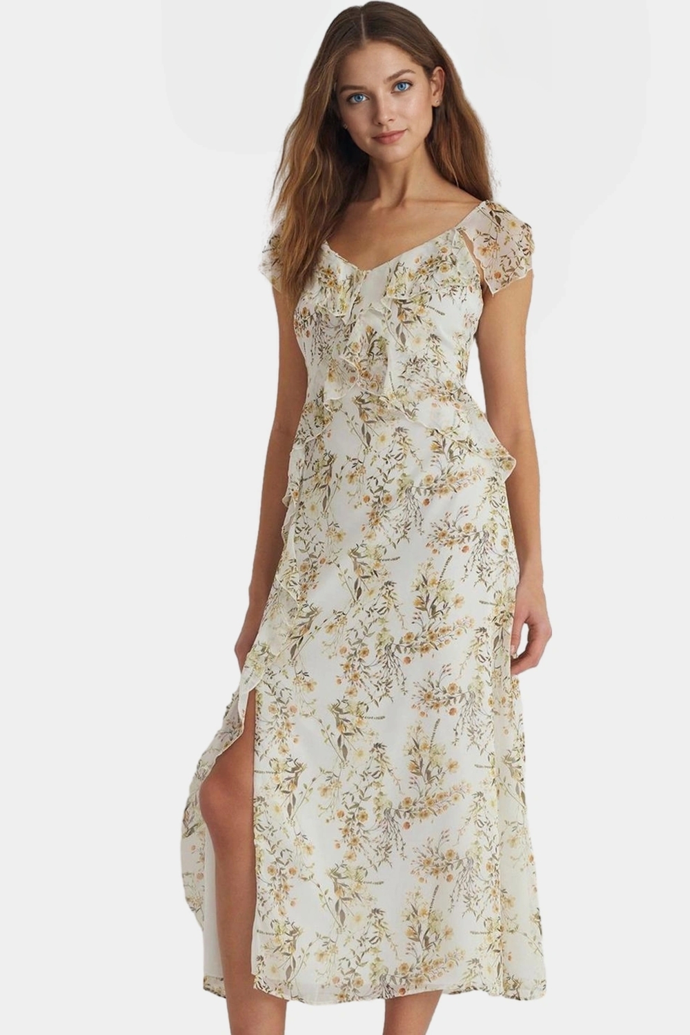 Çiçek Desenli A line Maxi Elbise Şifon Kumaş Rahat Kalıp Yazlık Modern Stil Özel Tasarım