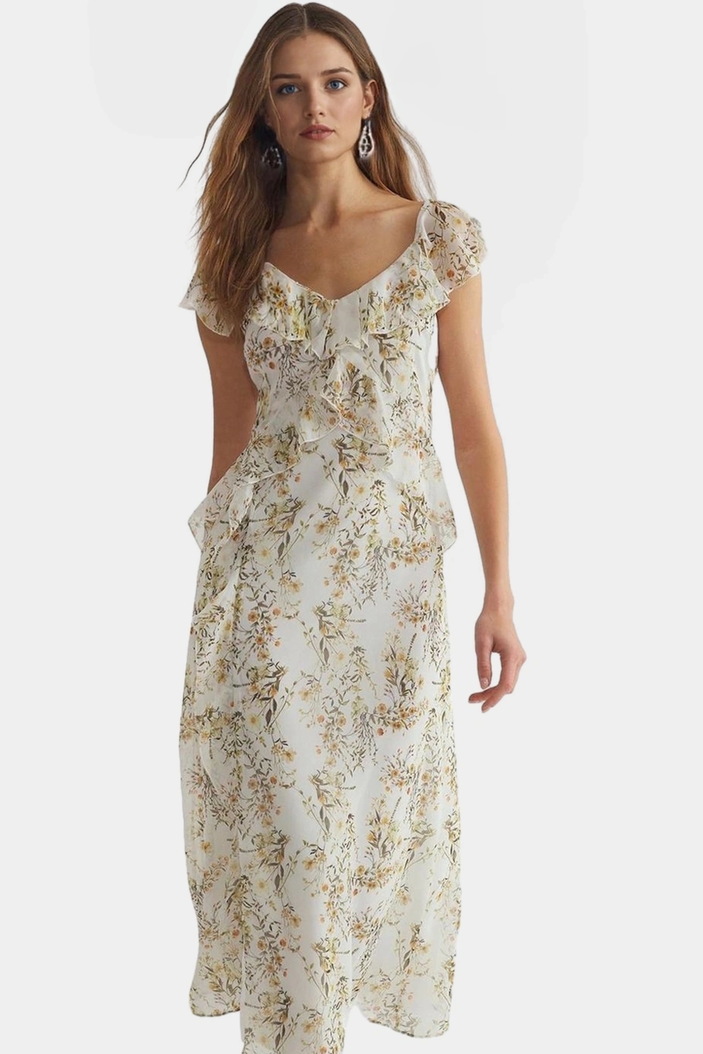 Çiçek Desenli A line Maxi Elbise Şifon Kumaş Rahat Kalıp Yazlık Modern Stil Özel Tasarım