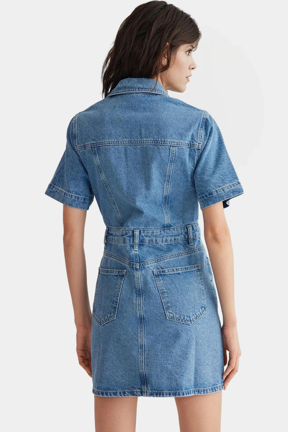 Pamuk Denim Gömlek Elbise Midi Boy Kısa Kollu Casual Stil Mükemmel Uyum Şık Görünüm
