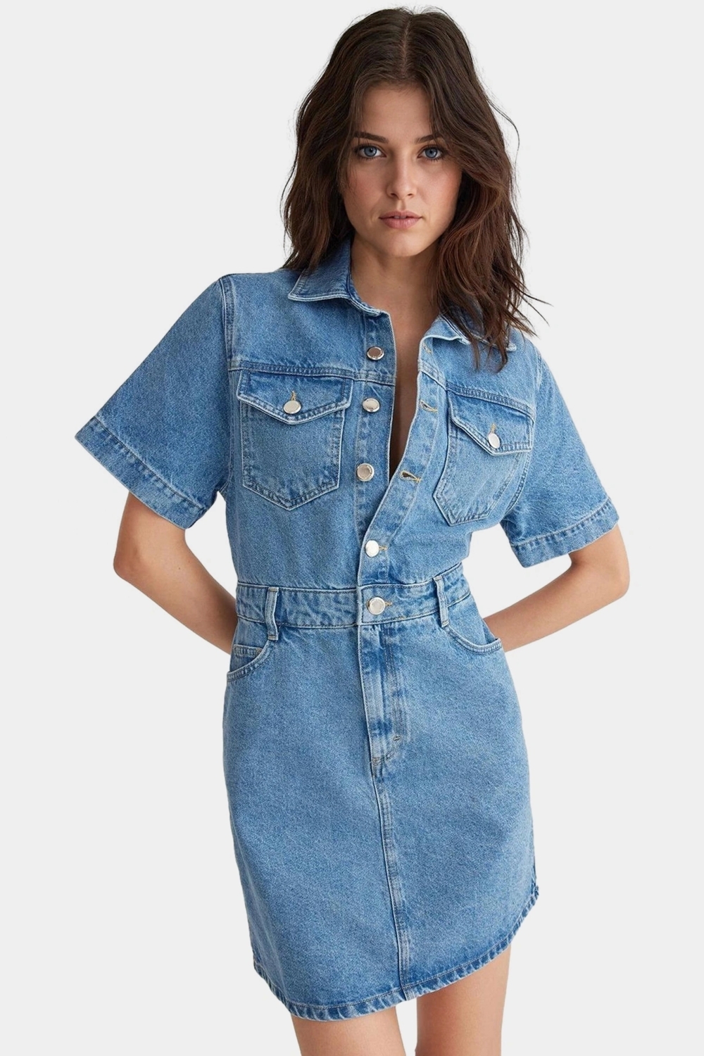 Pamuk Denim Gömlek Elbise Midi Boy Kısa Kollu Casual Stil Mükemmel Uyum Şık Görünüm
