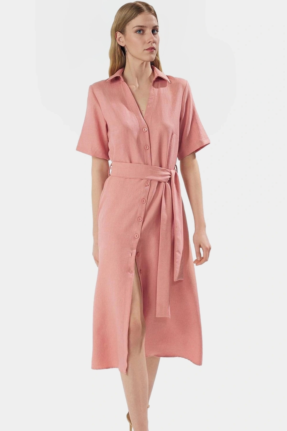 Polyester Aerobin Dokuma Midi Gömlek Elbise Rahat Kalıp Renk Kullanım