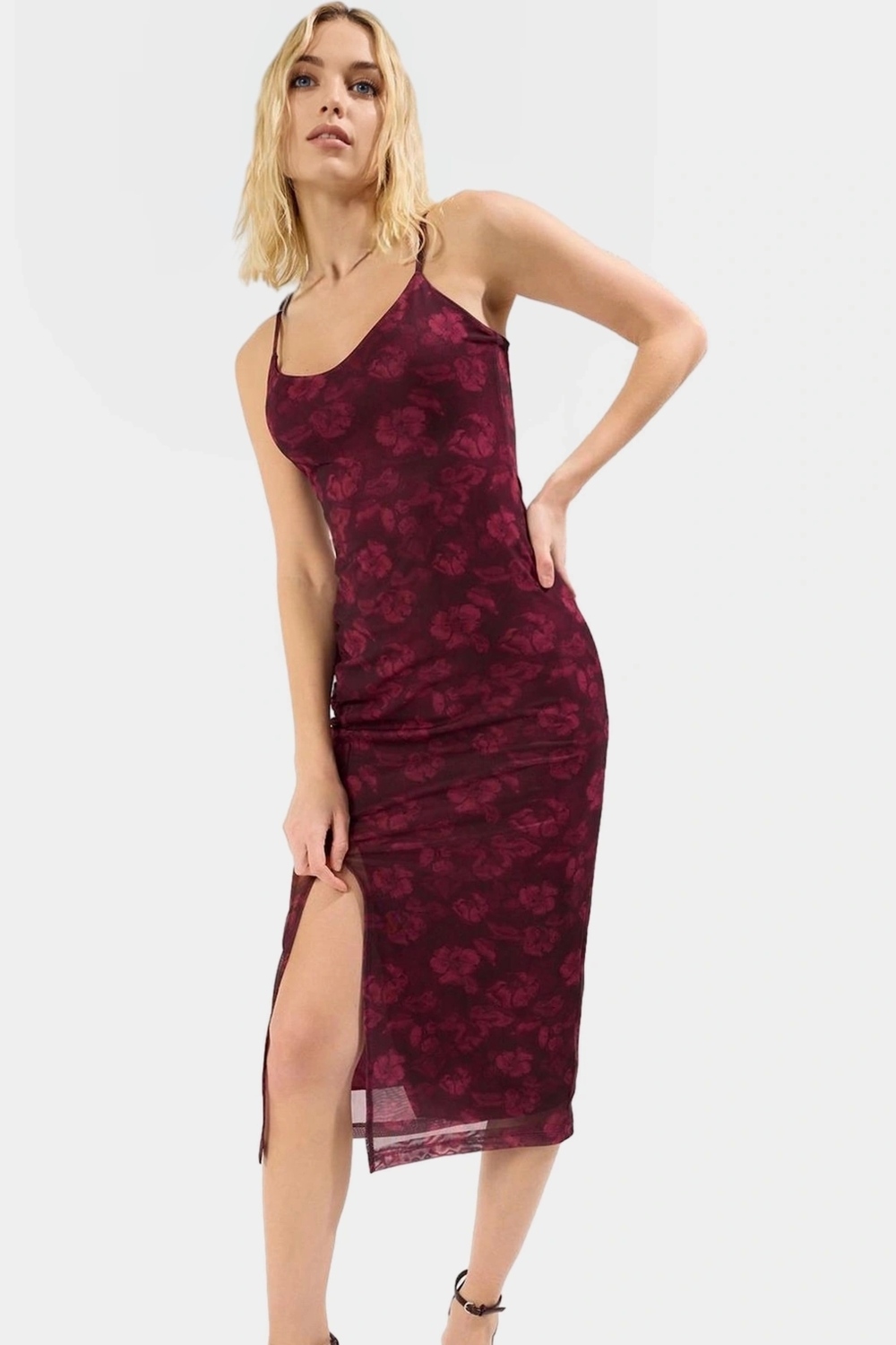 Yazlık Örme Midi Elbise V Yaka Bodycon Tül Soyut Desen Modern Stil Özel Tasarım