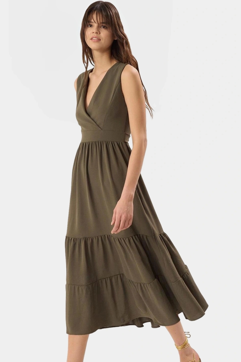 Rahat V Yaka Midi Elbise Polyester Dokuma Kumaş Yazlık Günlük Stil Kullanım İçin
