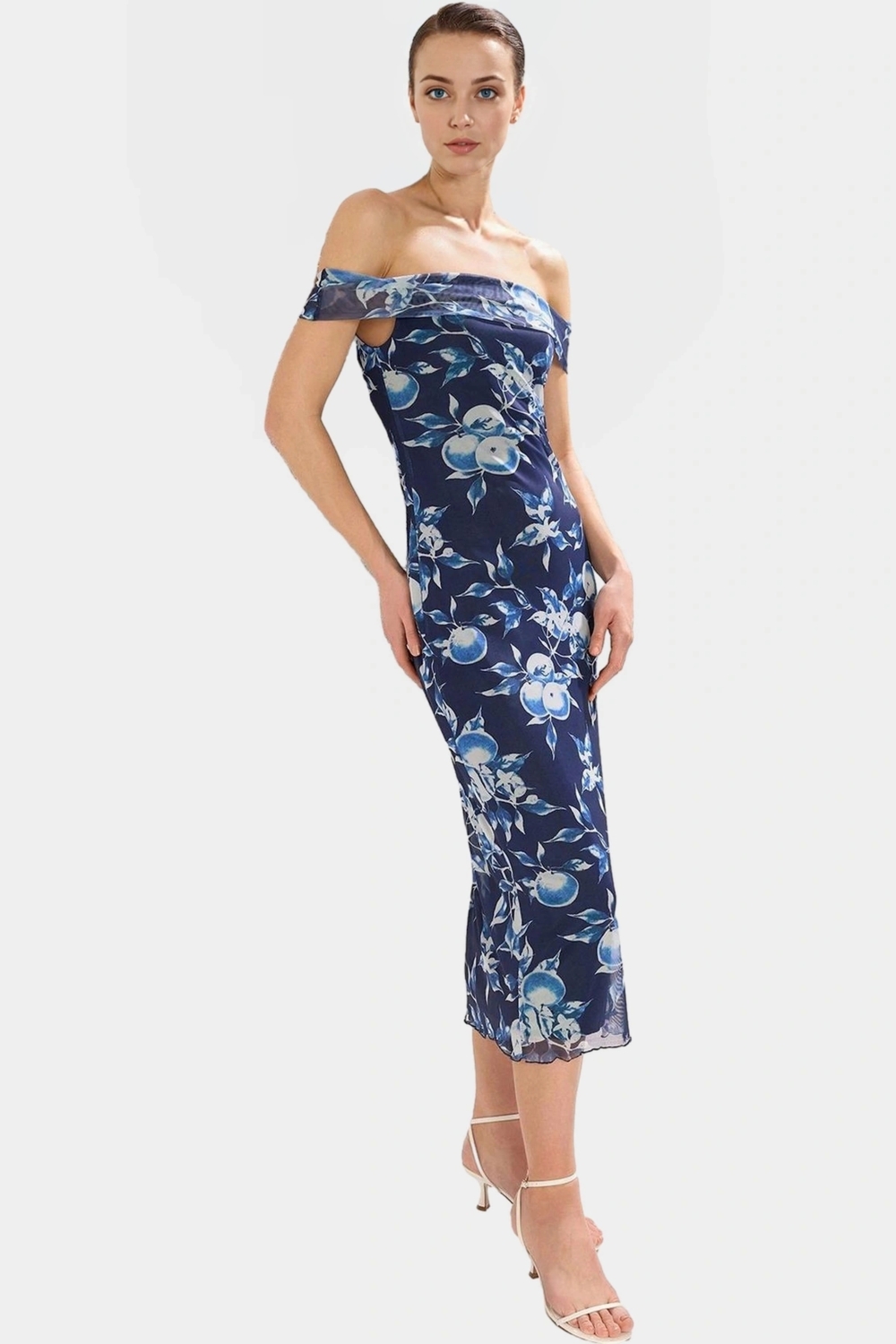 Çiçekli Bodycon Midi Elbise Tül Dokuma Carmen Yaka Rahat Kalıp Günlük Kullanım İçin