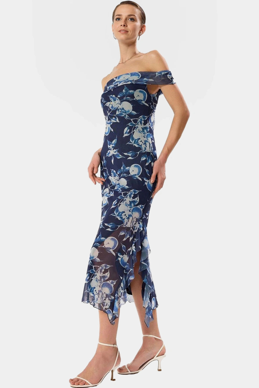 Çiçekli Bodycon Midi Elbise Tül Dokuma Carmen Yaka Rahat Kalıp Günlük Kullanım İçin